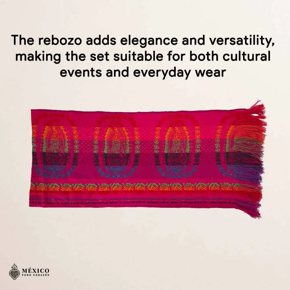 Traditional Mexican 3-Piece Cambaya Dress Set with Matching Rebozo Handmade